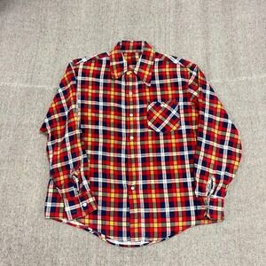 Vintage 60s Flannel Shirt Mens Large Red Plaid Distressed Long Sleeve